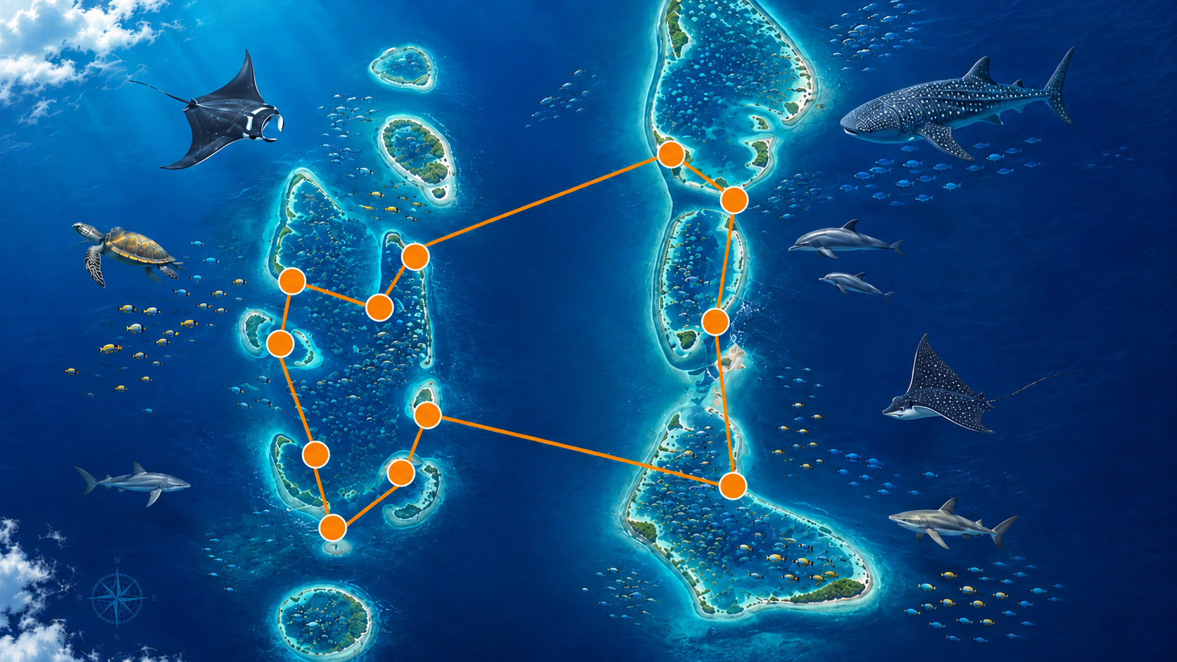 Ari Queen Best of Maldives route map across Central Atolls